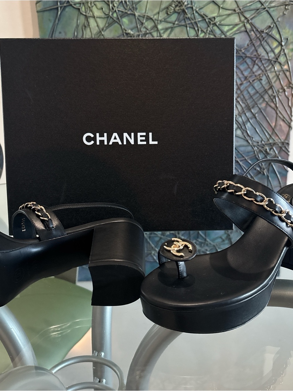 CHANEL Black Leather Platform Slingback Sandals with Gold Chain - Picture 2 of 3